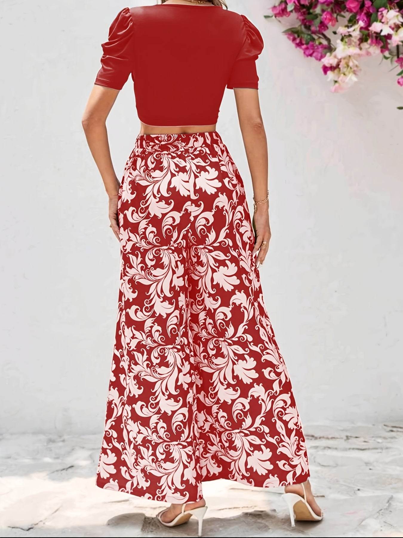 Women's Short Sleeve Top & Floral Pants Set - Elegant Spring Style - Buy Center