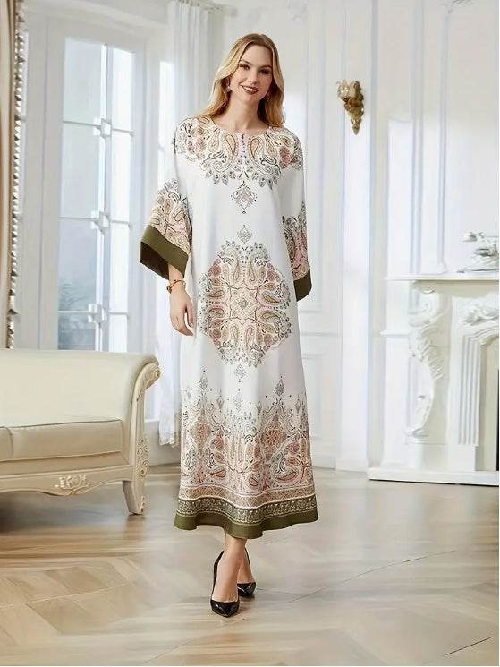 Buycenter Elegant Floral Print Long Sleeve Abaya Dress - Chic Style - Buy Center
