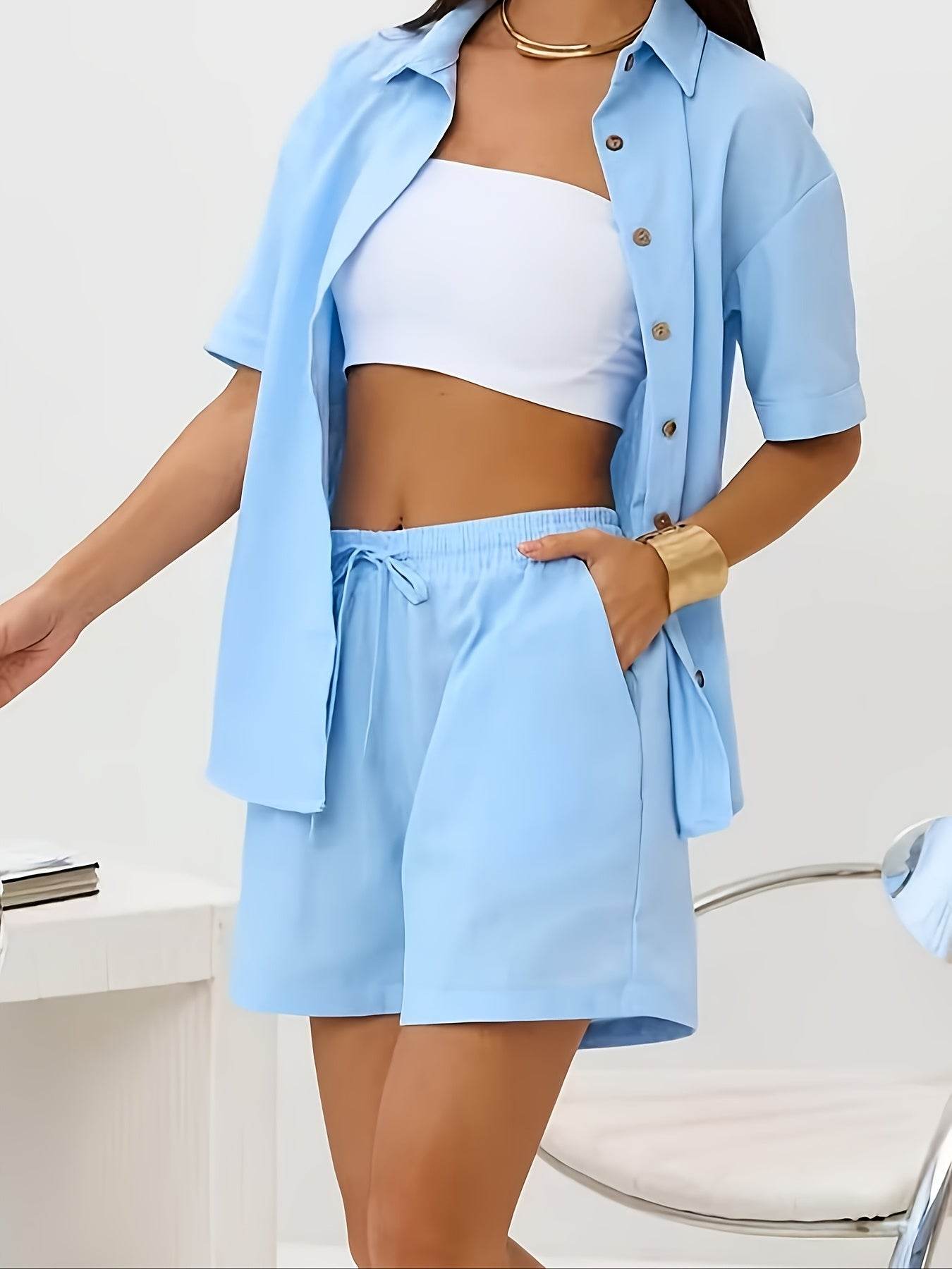 Women's Summer Two-Piece Set - Short Sleeve Shirt & Shorts - Buy Center