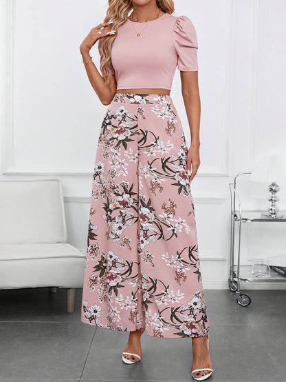 Elegant Women's Two-Piece Set - Pink Bubble Sleeve Top & Floral Pants - Buy Center