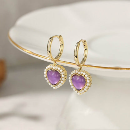 French Purple Crystal Heart Stud Earrings - Elegant Gold Copper Design - Buy Center