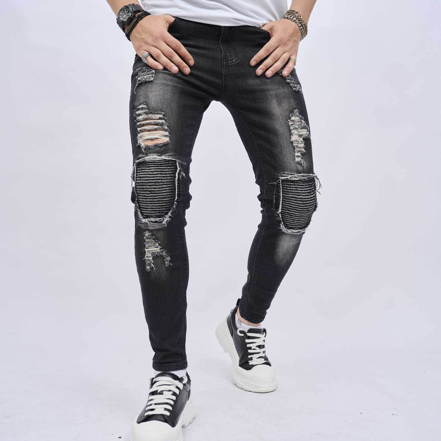 Men's Ripped Slim Stretch Jeans - Casual Denim for Everyday Style - Buy Center