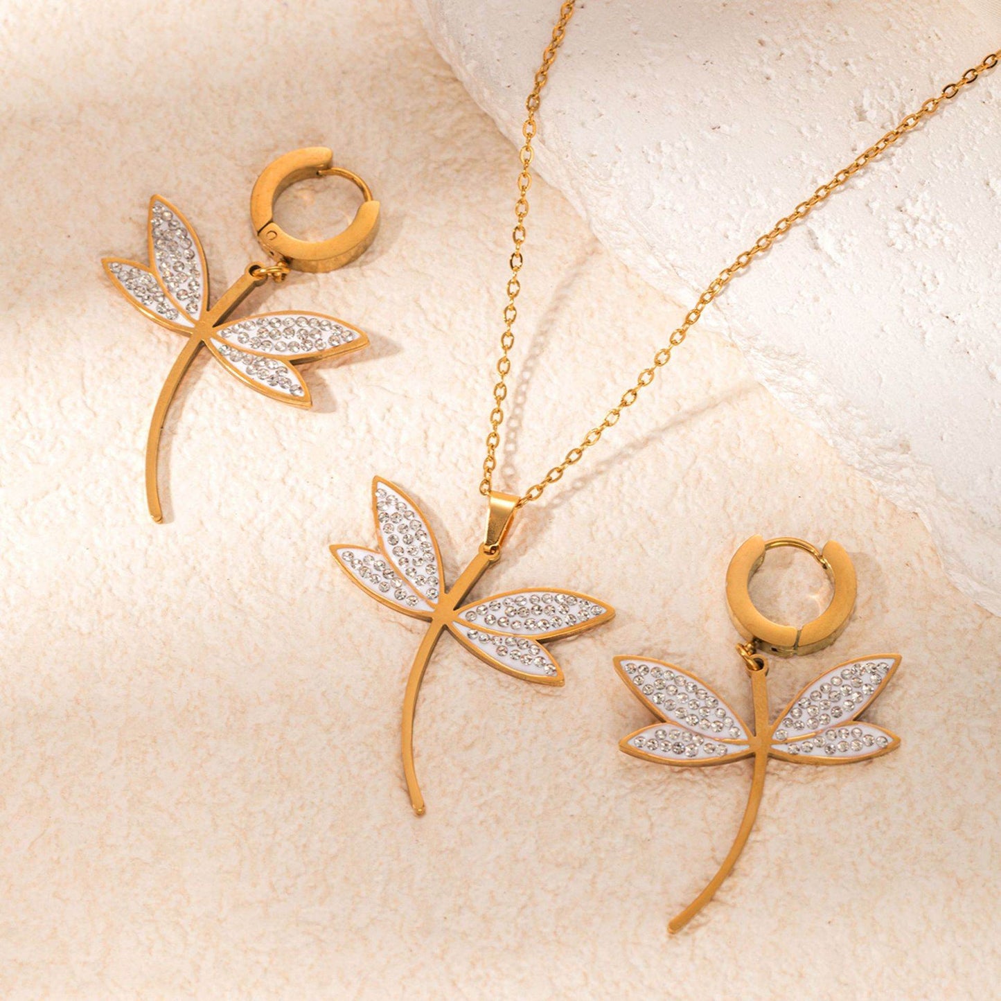 Dragonfly Titanium Steel Necklace & Earrings Set - Sparkling Zircon Elegance - Buy Center