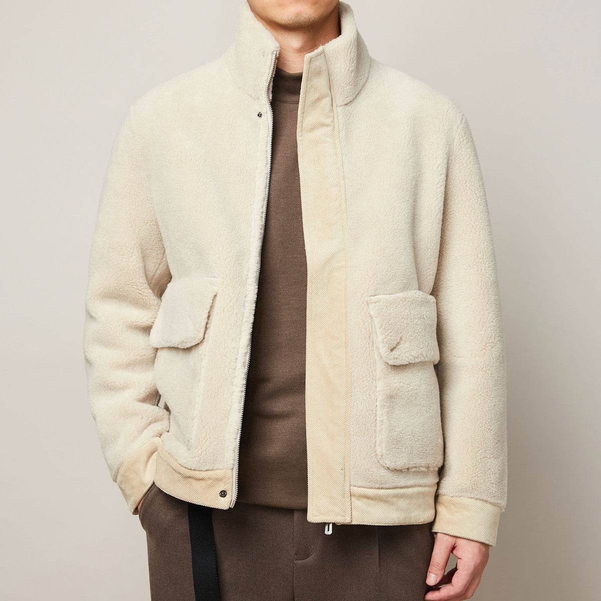 Buycenter Men's Winter Faux Lamb Jacket - Thick, Stylish Stand Collar - Buy Center