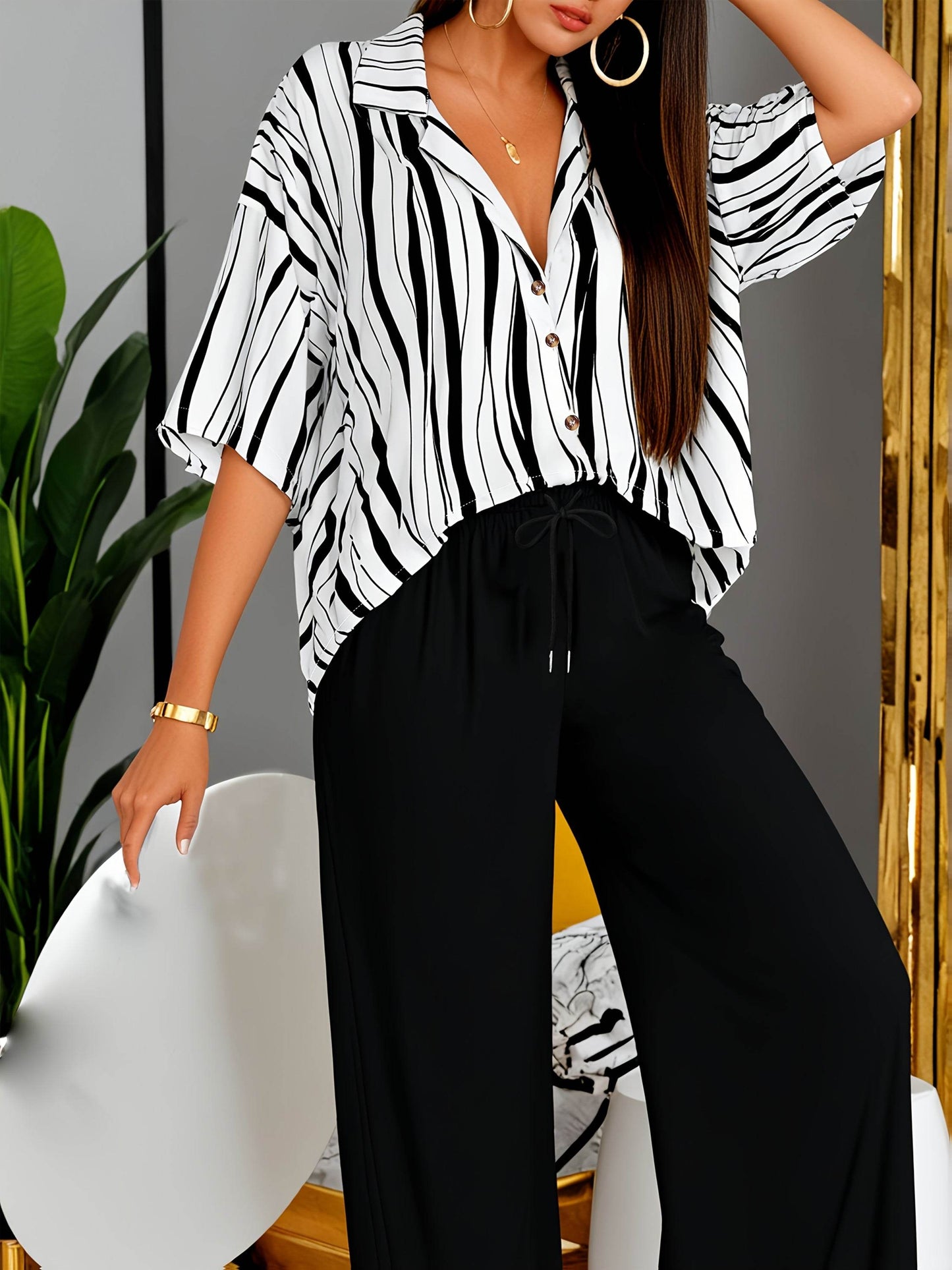 Women's Trendy Loose Striped Print Set - Long Sleeve Shirt & Pants - Buy Center