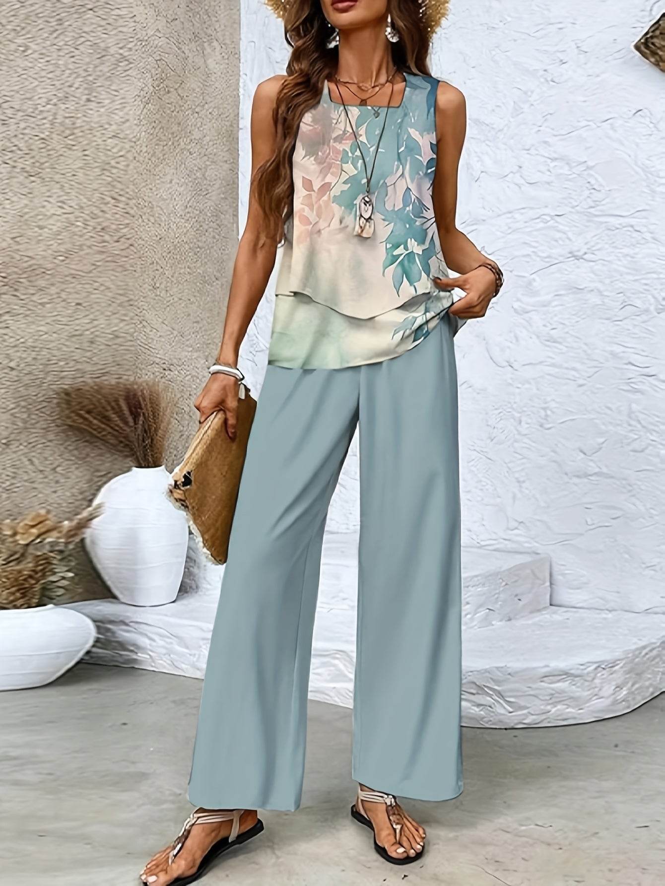 Elegant Red Sleeveless Blouse & Wide-Leg Pants Set - Spring Style - Buy Center