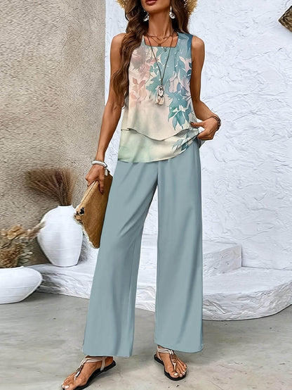 Elegant Red Sleeveless Blouse & Wide-Leg Pants Set - Spring Style - Buy Center