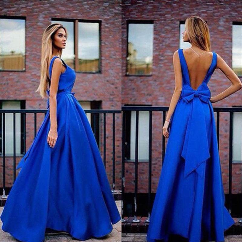 Deep V Neck Backless Satin Prom Dress - Elegant Bow Evening Gown - Buy Center