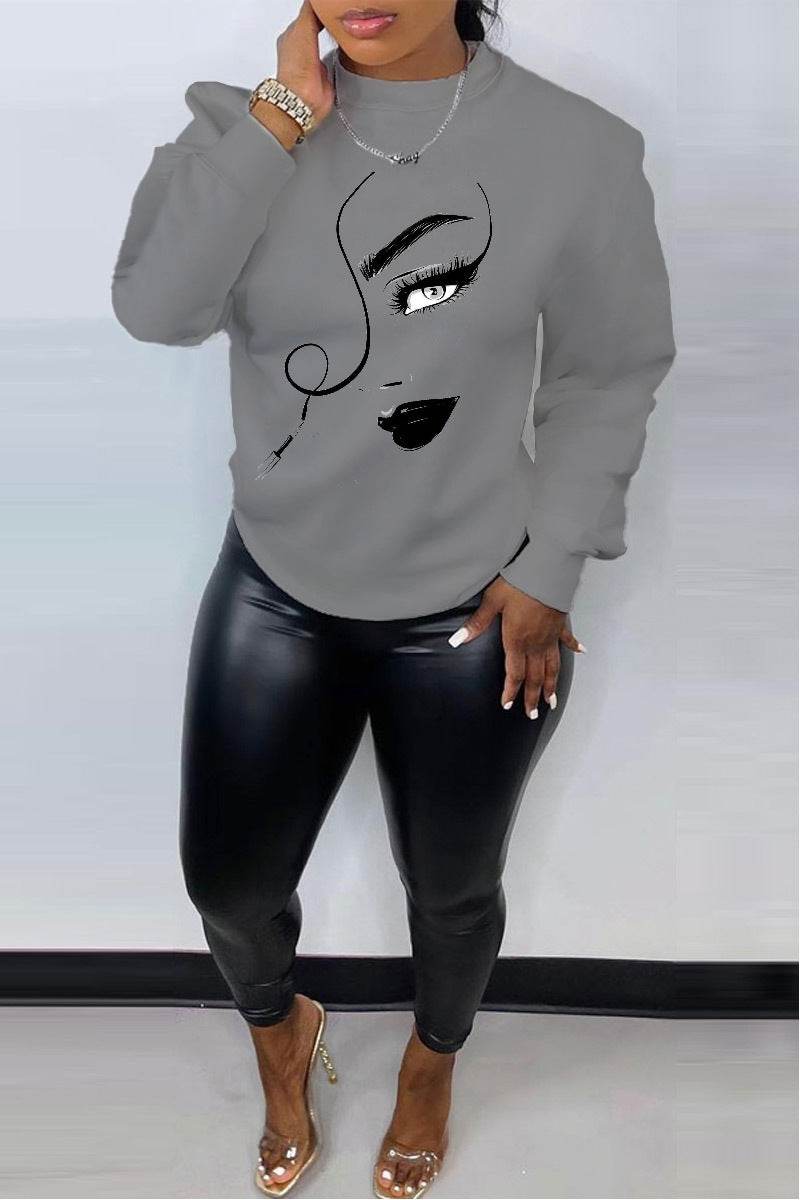 Buycenter Women's Printed Casual Loose Sweater - Crew Neck, Long Sleeve - Buy Center