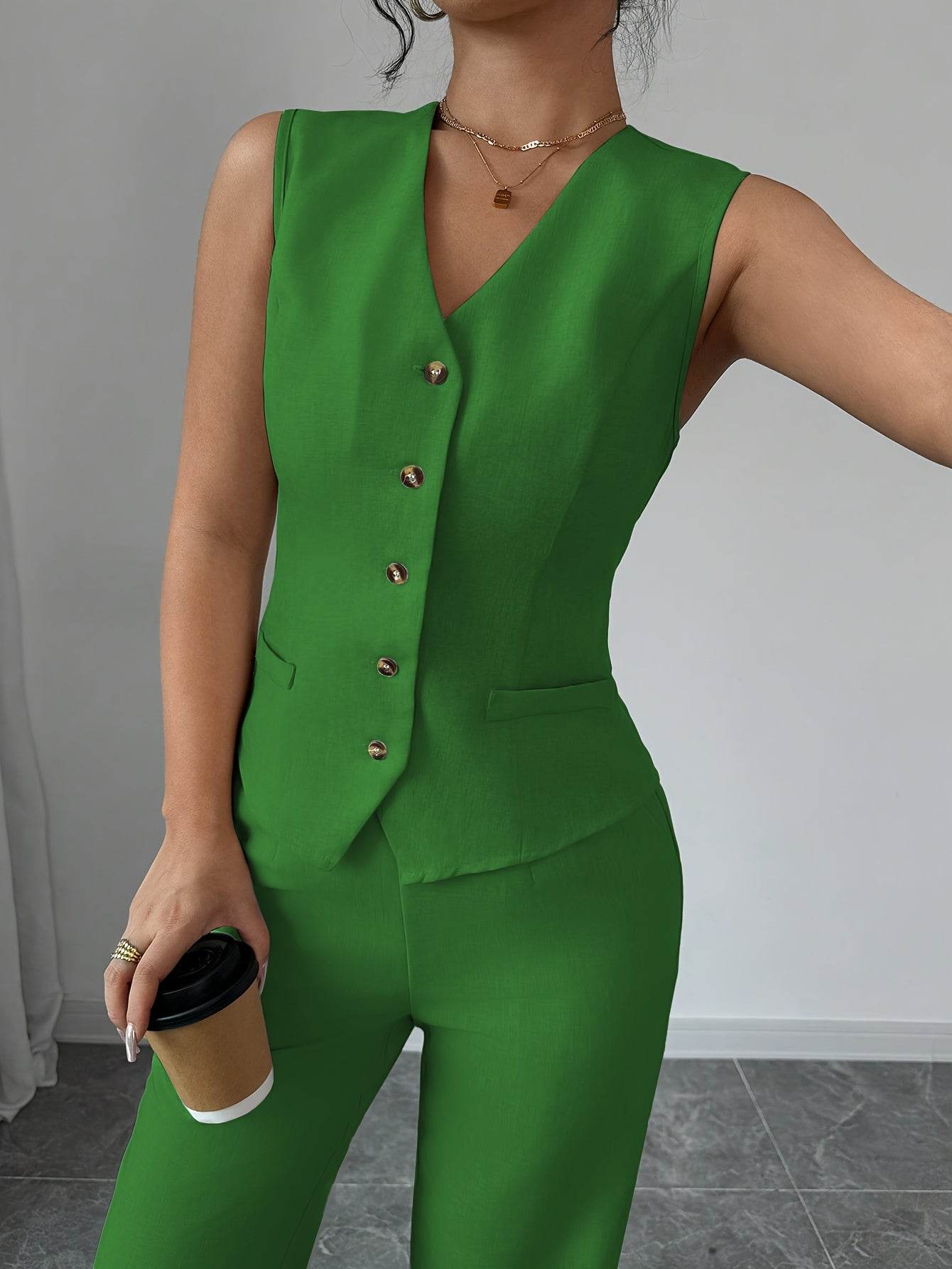 Women's Solid Color Vest & Wide-Leg Pants Set - Elegant Spring Look - Buy Center