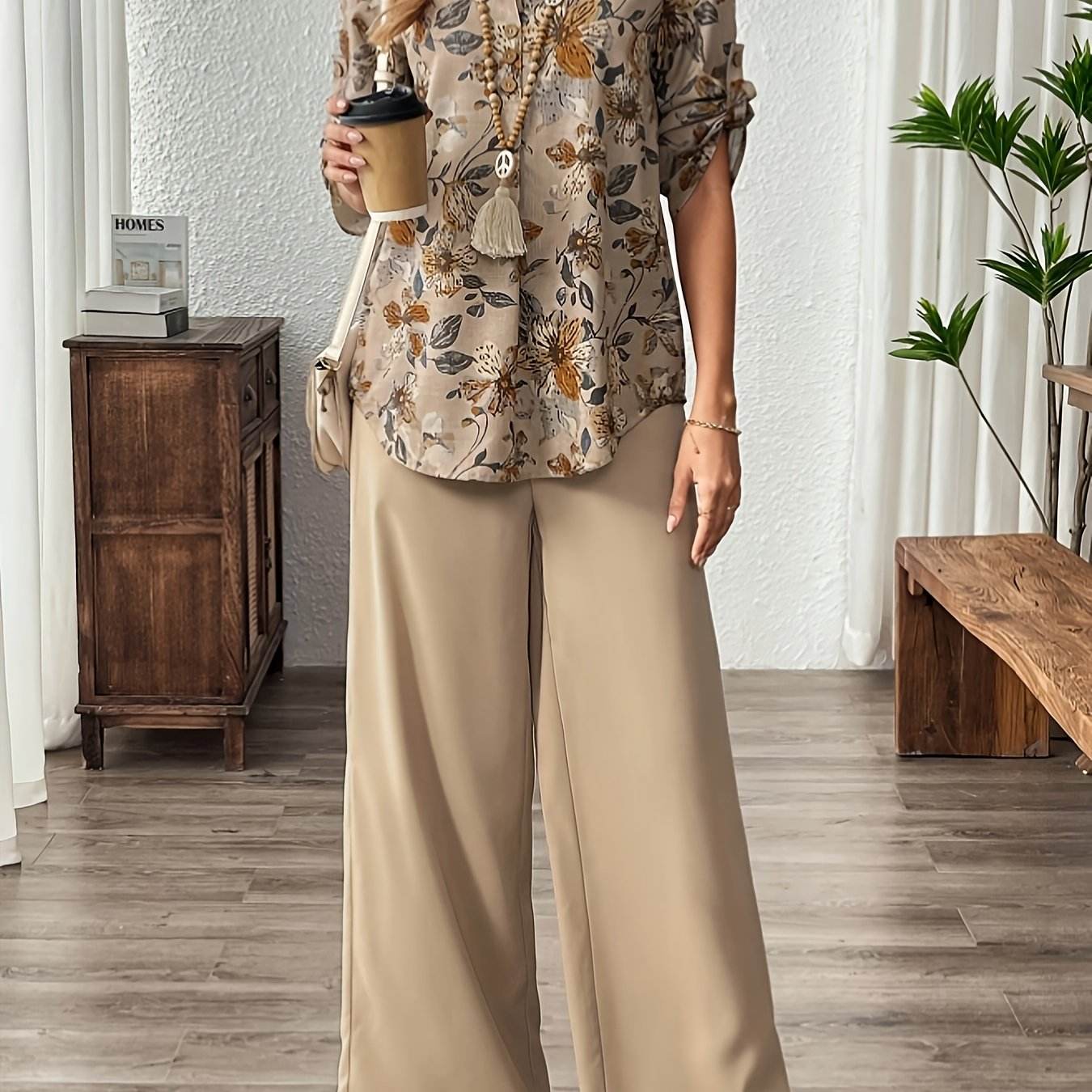 Elegant Women's Floral V-Neck Top and Solid Color Pants Set - Buy Center