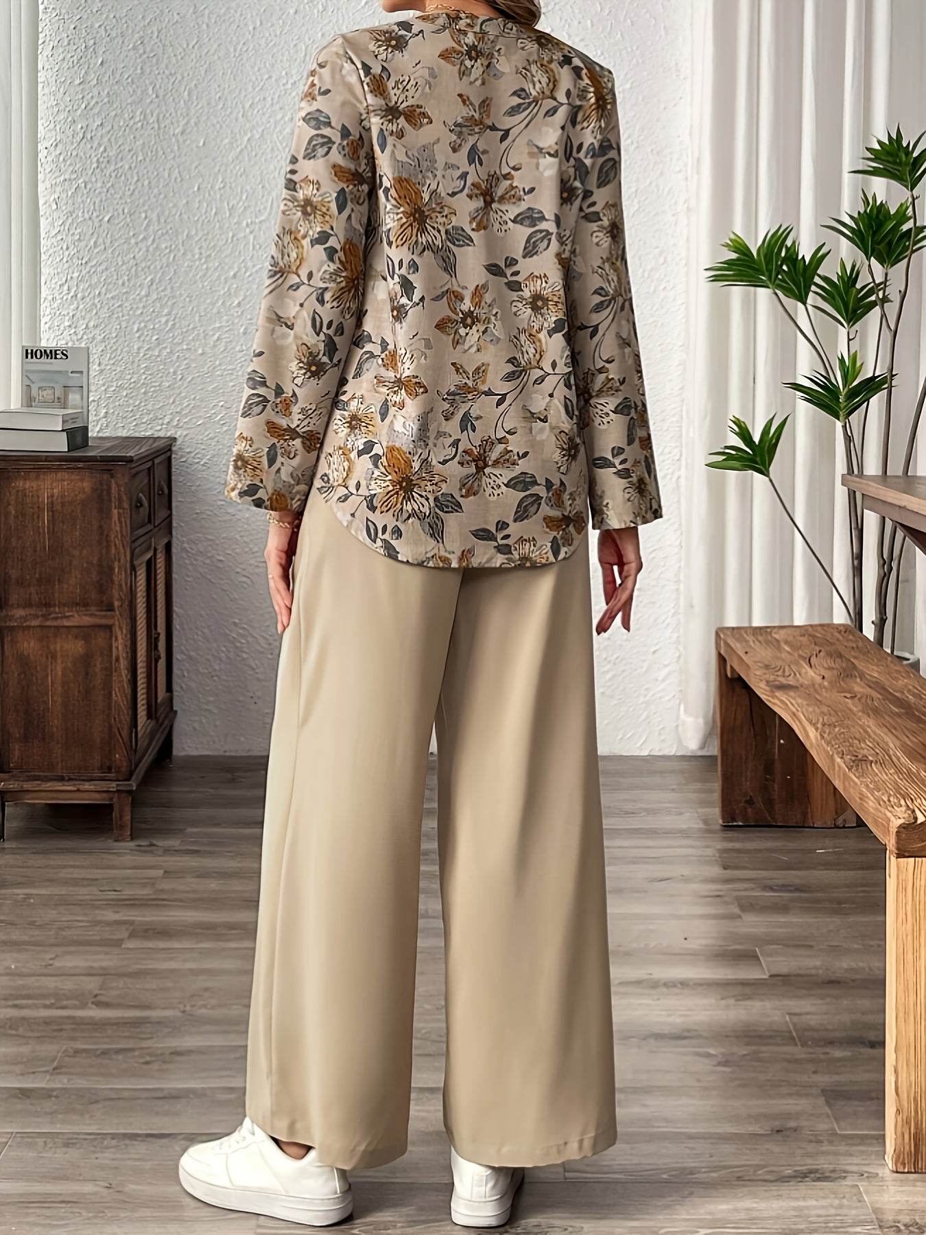 Elegant Women's Floral V-Neck Top and Solid Color Pants Set - Buy Center
