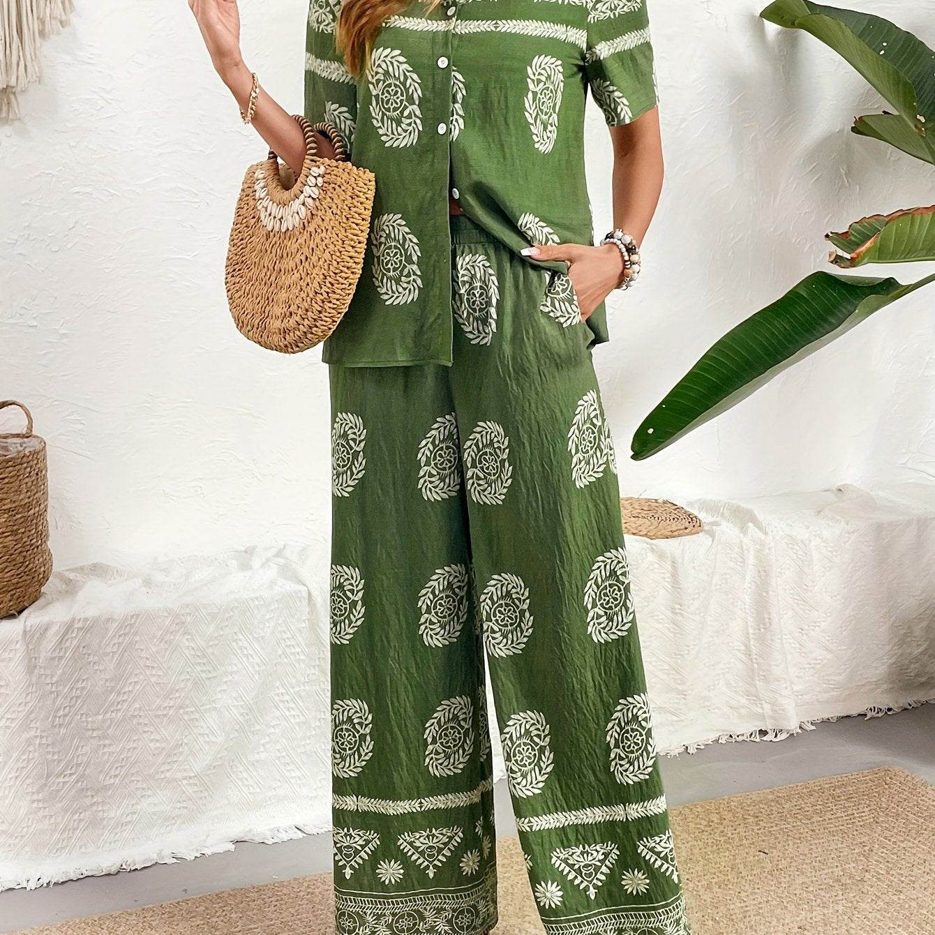 Ethnic Print Cardigan & Wide Leg Pants Set - Elegant Summer Style - Buy Center