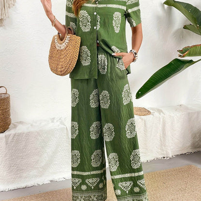 Ethnic Print Cardigan & Wide Leg Pants Set - Elegant Summer Style - Buy Center