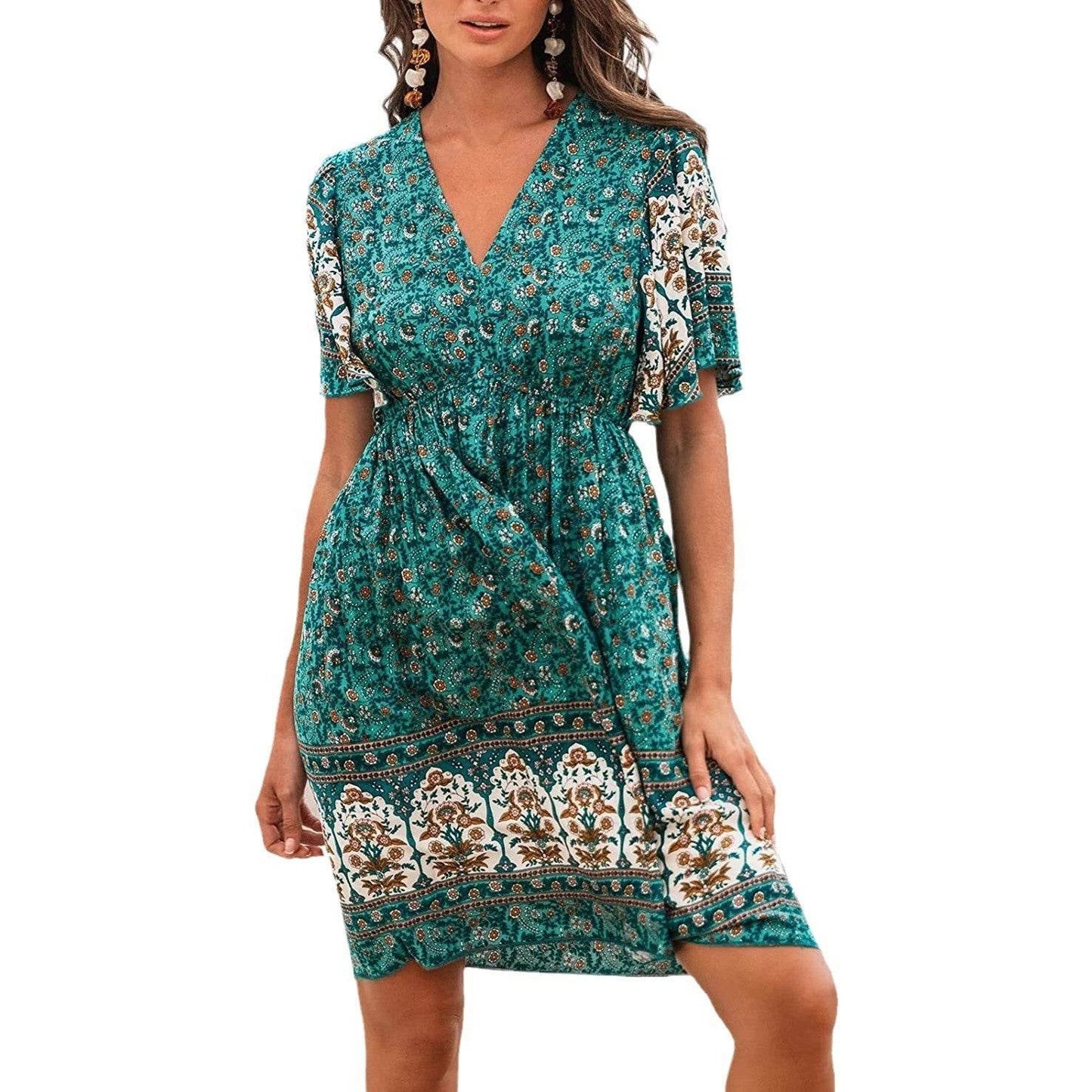 Buycenter Bohemian Green Rayon Dress - Floral High Waist Style - Buy Center