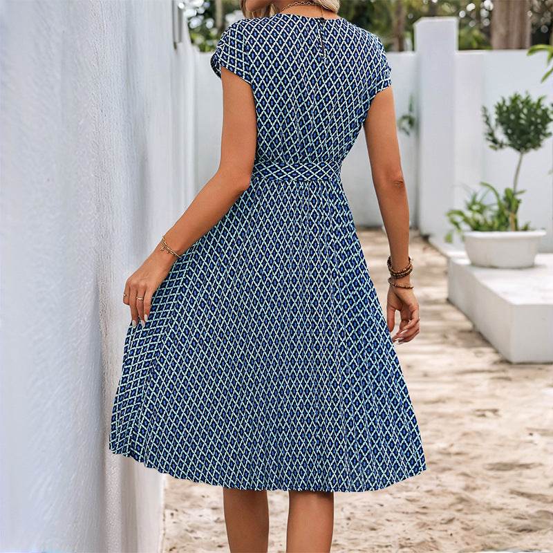 Elegant Round Neck Lace-Up Dress - Blue A-Line Flight Sleeve Style - Buy Center