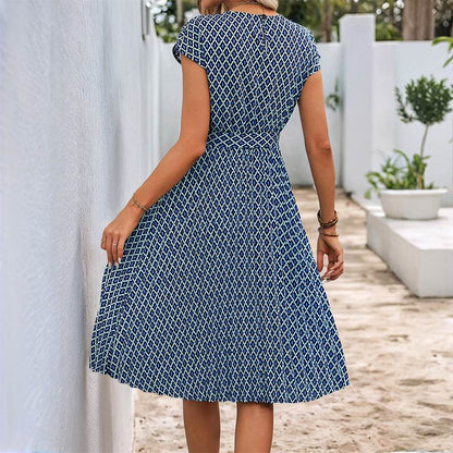 Elegant Round Neck Lace-Up Dress - Blue A-Line Flight Sleeve Style - Buy Center