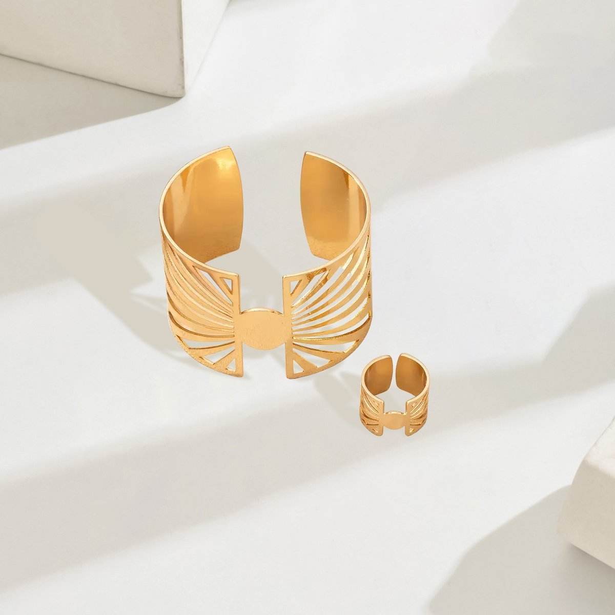 Buy Center 14K Gold Plated Geometric Ring & Cuff Set - Adjustable Elegance - Buy Center