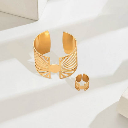 Buy Center 14K Gold Plated Geometric Ring & Cuff Set - Adjustable Elegance - Buy Center