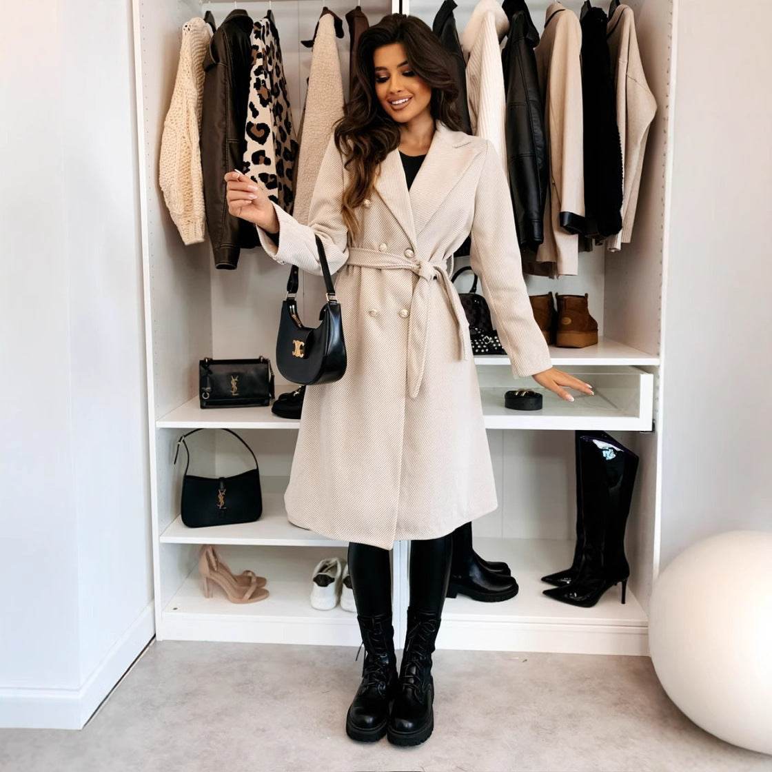 Stylish Double-Breasted Woolen Coat for Women - Trendy Lace-Up Design - Buy Center