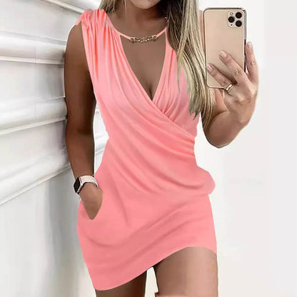 Buycenter V-Neck Pocket Dress - Elegant Drawstring Style, Loose Fit - Buy Center