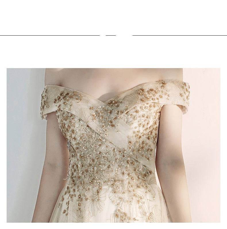 Buycenter A Shoulder Flamboyant Dress - Elegant Evening Wear in Champagne - Buy Center