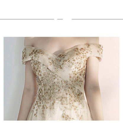 Buycenter A Shoulder Flamboyant Dress - Elegant Evening Wear in Champagne - Buy Center