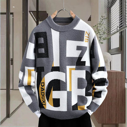 Men's Casual Loose Fit Sweater - Trendy Letter Jacquard Design - Buy Center
