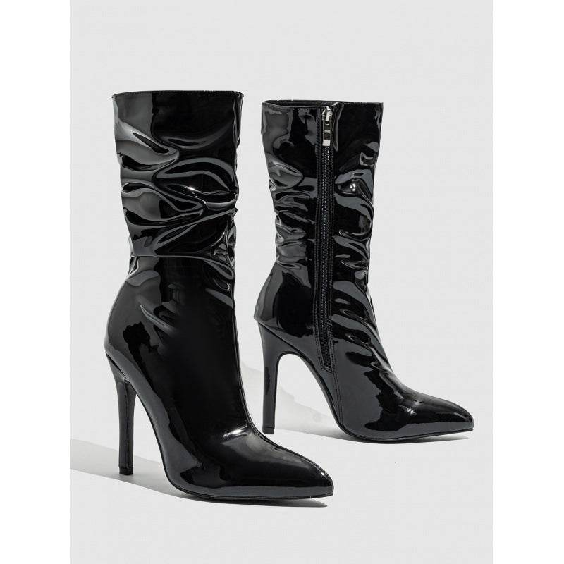 Buycenter Patent Leather Stiletto Heels - Stylish Mid-Calf Boots for Women - Buy Center