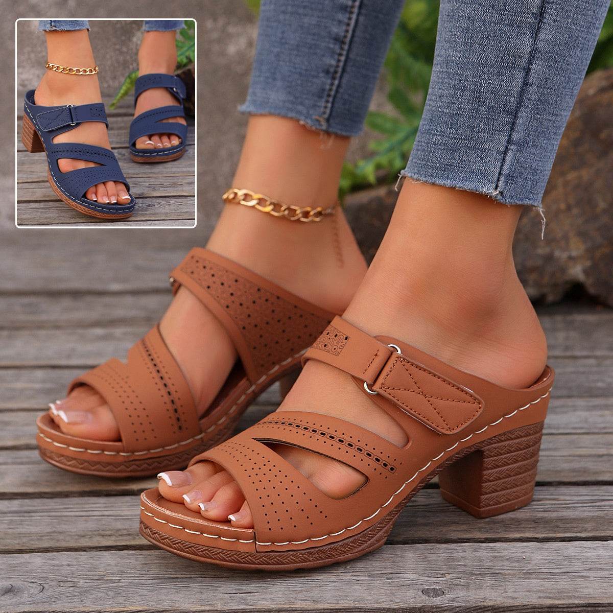 Buycenter Summer Square-Heeled Peep-Toe Slides - Comfortable Casual Slippers - Buy Center
