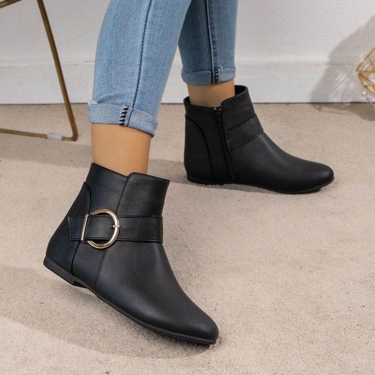 Big Buckle Black Side Zipper Low-Top Martin Boots for Trendy Women - Buy Center