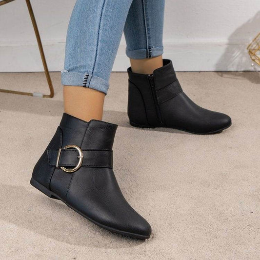 Big Buckle Black Side Zipper Low-Top Martin Boots for Trendy Women - Buy Center