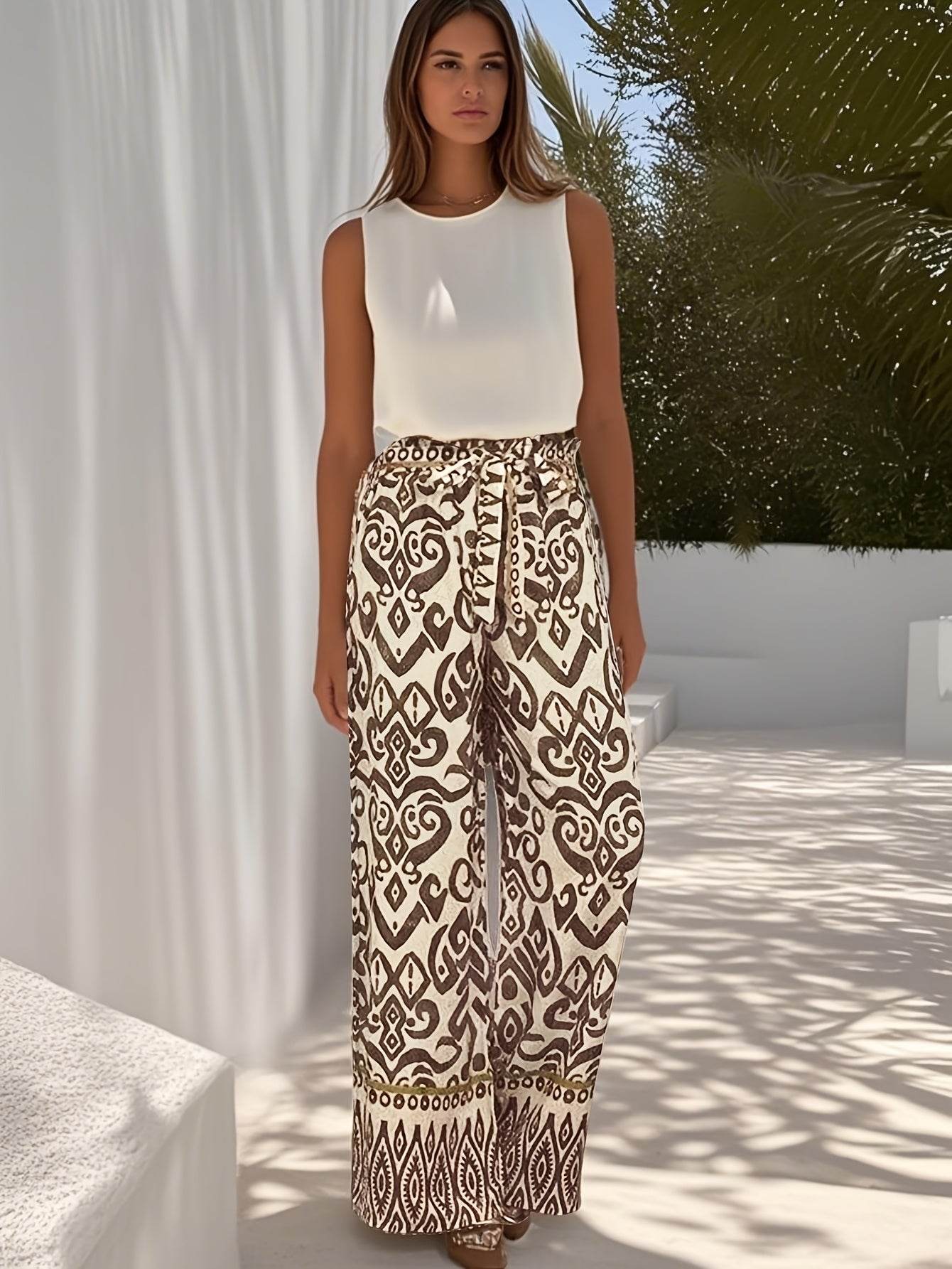 Women's Summer Vacation Two-Piece Set - Solid Color Geometric Print - Buy Center