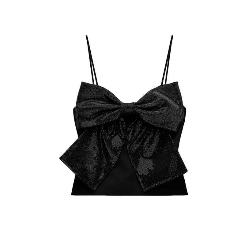 Women's Sleeveless Rhinestone Bowknot Camisole - Chic Black Top for 2025 - Buy Center