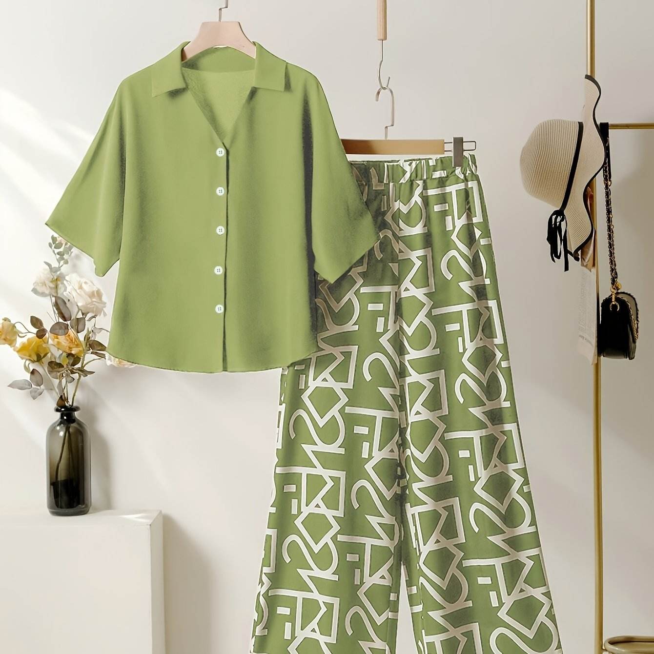 Elegant Women's Commuter Set - Batwing Sleeve V-Neck Top & Pants - Buy Center