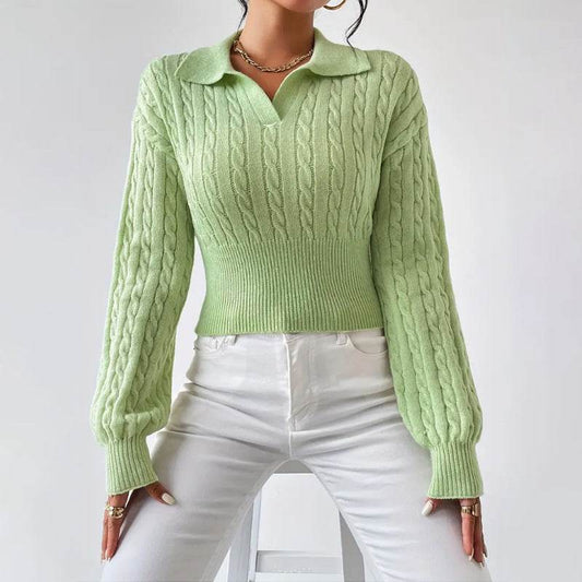 Women's V-Neck Solid Color Sweater - Cozy Loose Fit in Light Green & Black - Buy Center