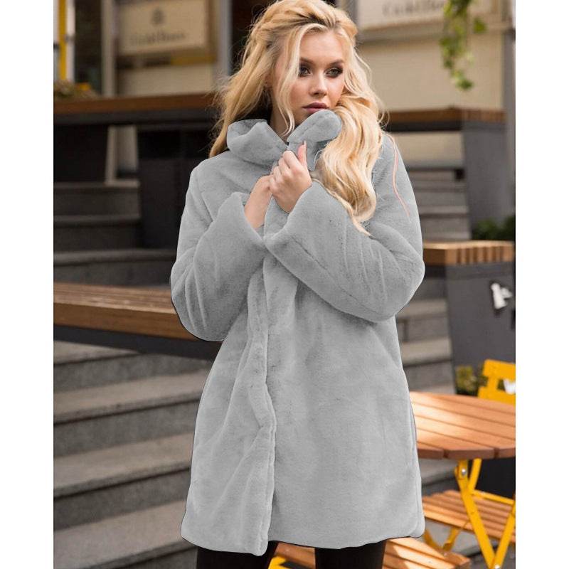 Buycenter Stand-Up Collar Winter Faux Fur Coat - Mid-Length, Loose Fit - Buy Center