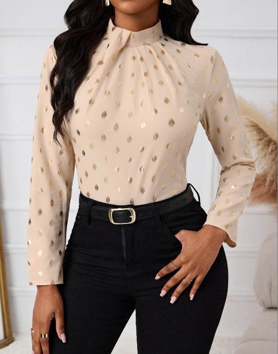 Buycenter Ladies' Polka Dot Long Sleeve Shirt - Casual Pleated Collar - Buy Center