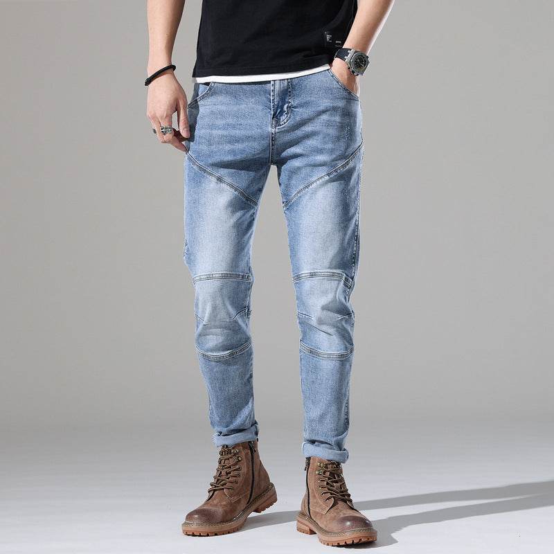 Men's Elastic Stitching Embroidered Jeans - Light Blue Denim Style - Buy Center