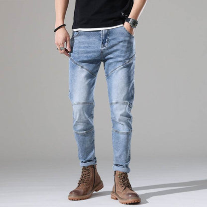 Men's Elastic Stitching Embroidered Jeans - Light Blue Denim Style - Buy Center