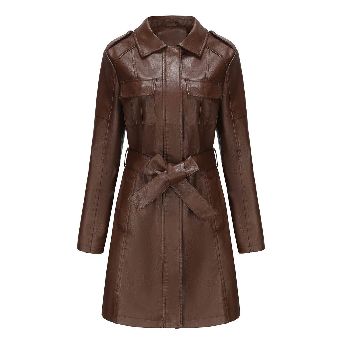 Women's Stylish Mid-Length Leather Coat with Belt - British Design 2025 - Buy Center