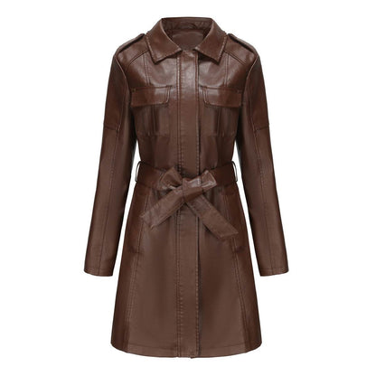 Women's Stylish Mid-Length Leather Coat with Belt - British Design 2025 - Buy Center