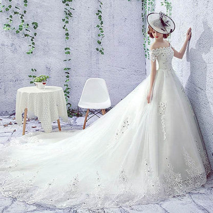 Elegant One-Shoulder Wedding Dress with Trailing Veil - Premium Bride Style 2025 - Buy Center