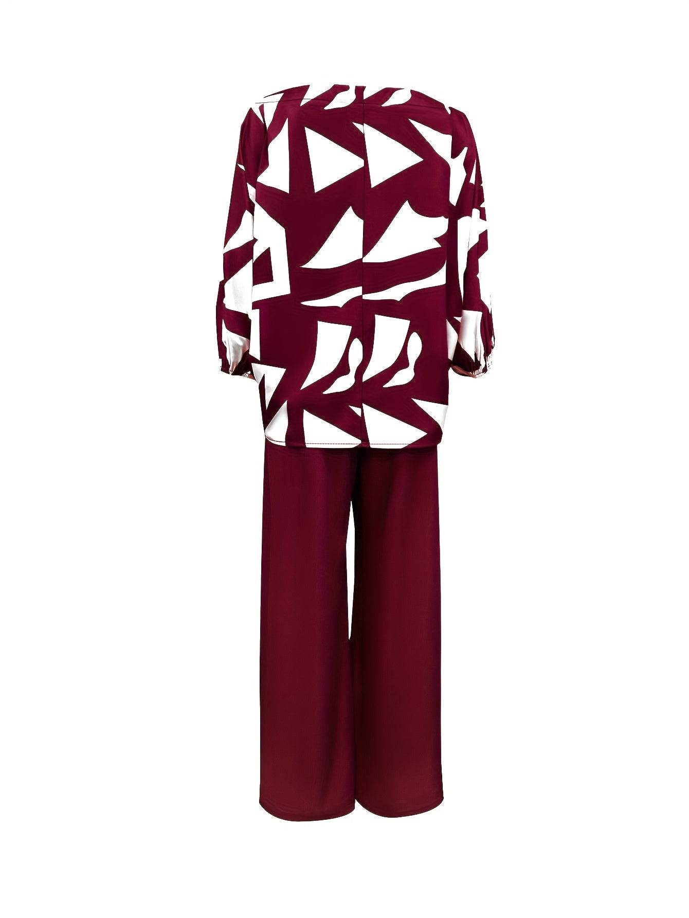 Geometric Printed Casual Top & Pants Set - 100% Polyester, All Season - Buy Center
