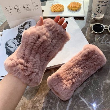 Sweet Warm Rex Rabbit Fur Gloves - Cozy Half Finger Design for Winter - Buy Center