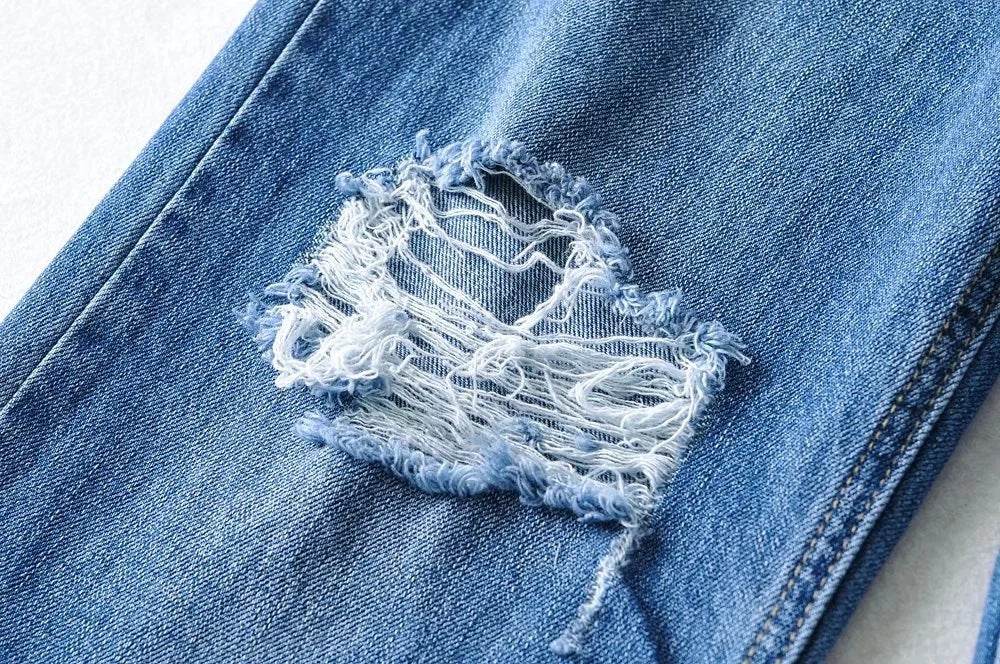 High Waist Light Blue Denim Straight Trousers with Holes - Street Style - Buy Center