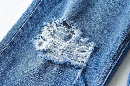 High Waist Light Blue Denim Straight Trousers with Holes - Street Style - Buy Center