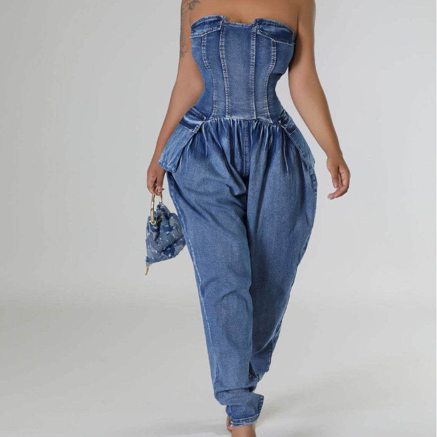 Women's High Elastic Denim Jumpsuit - Fashion Tube Top Romper 2025 - Buy Center