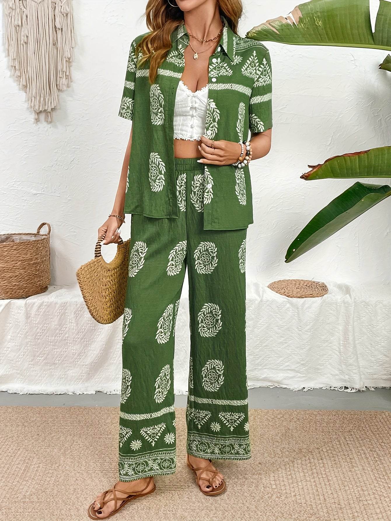 Ethnic Print Cardigan & Wide Leg Pants Set - Elegant Summer Style - Buy Center