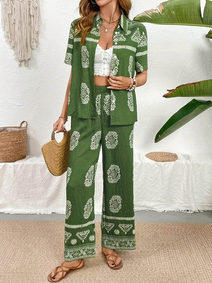 Ethnic Print Cardigan & Wide Leg Pants Set - Elegant Summer Style - Buy Center